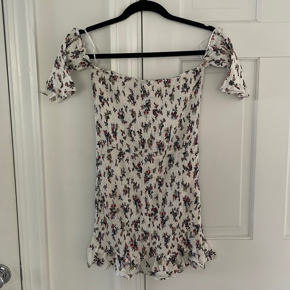 White Floral Ruched Strapless Dress